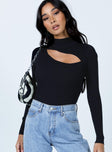 front view of model wearing Princess Polly Azalea Long Sleeve Bodysuit Black Full Sleeves High Neck 