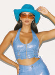 front view of model wearing Princess Polly High Vibrations PU Top Blue 