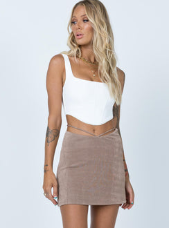   side view of model wearing Princess Polly Maisie Mini Skirt Brown 