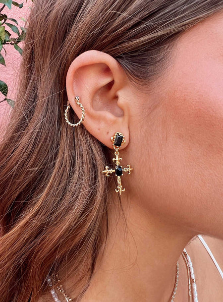 Earrings Cross drop charm Diamante detailing Stud fastening  Gold-toned