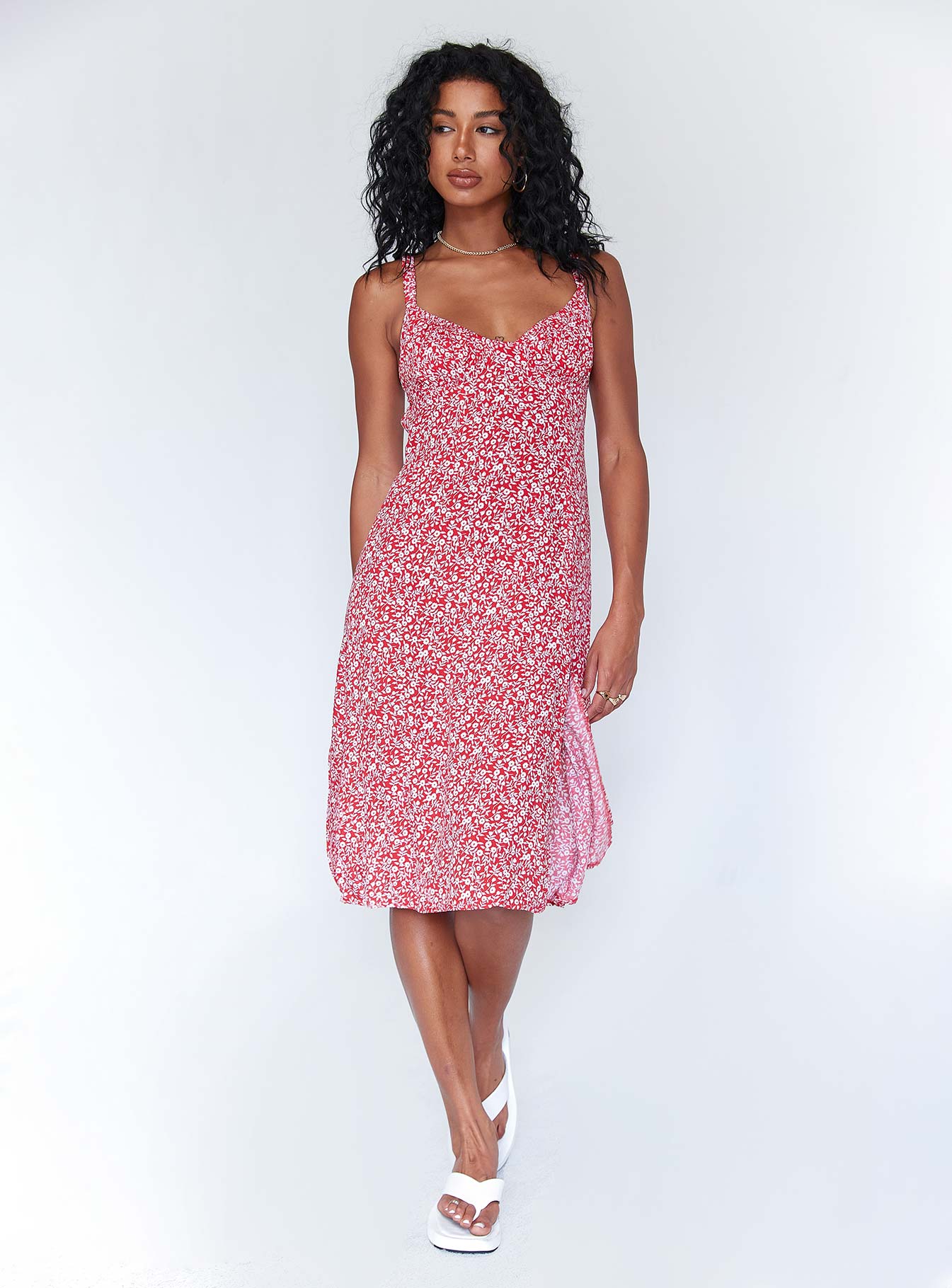 front view of model wearing Princess Polly Georgia Midi Dress Red 