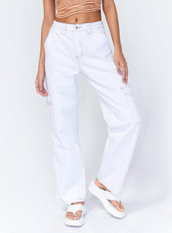 front view of model wearing Princess Polly Utility Cargo Denim Jeans White High Waisted 