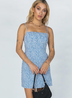 front view of model wearing Princess Polly Tallie Mini Dress Blue Floral 