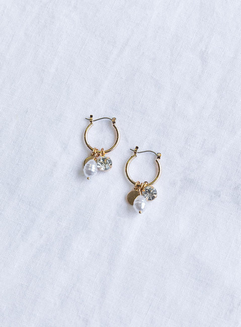 Earrings Princess Polly Exclusive 80% recycled zinc 10% plastic 10% glass Hoop style  Pearl & diamante drop charm  Gold-toned  Lightweight 