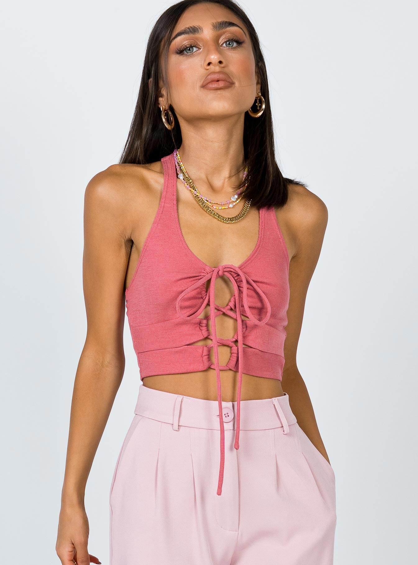 front view of model wearing Princess Polly Raddix Top Pink 