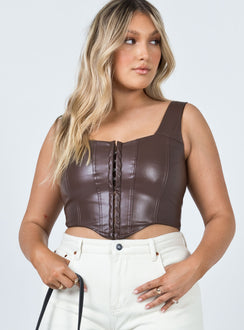 front view of model wearing Princess Polly Tatum Top Brown 