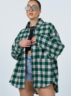 front view of model wearing Princess Polly Ken Checkered Shirt Green 