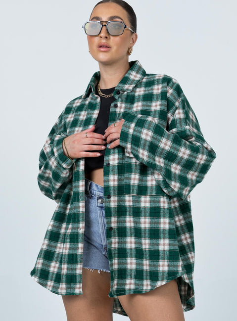 front view of model wearing Princess Polly Ken Checkered Shirt Green 