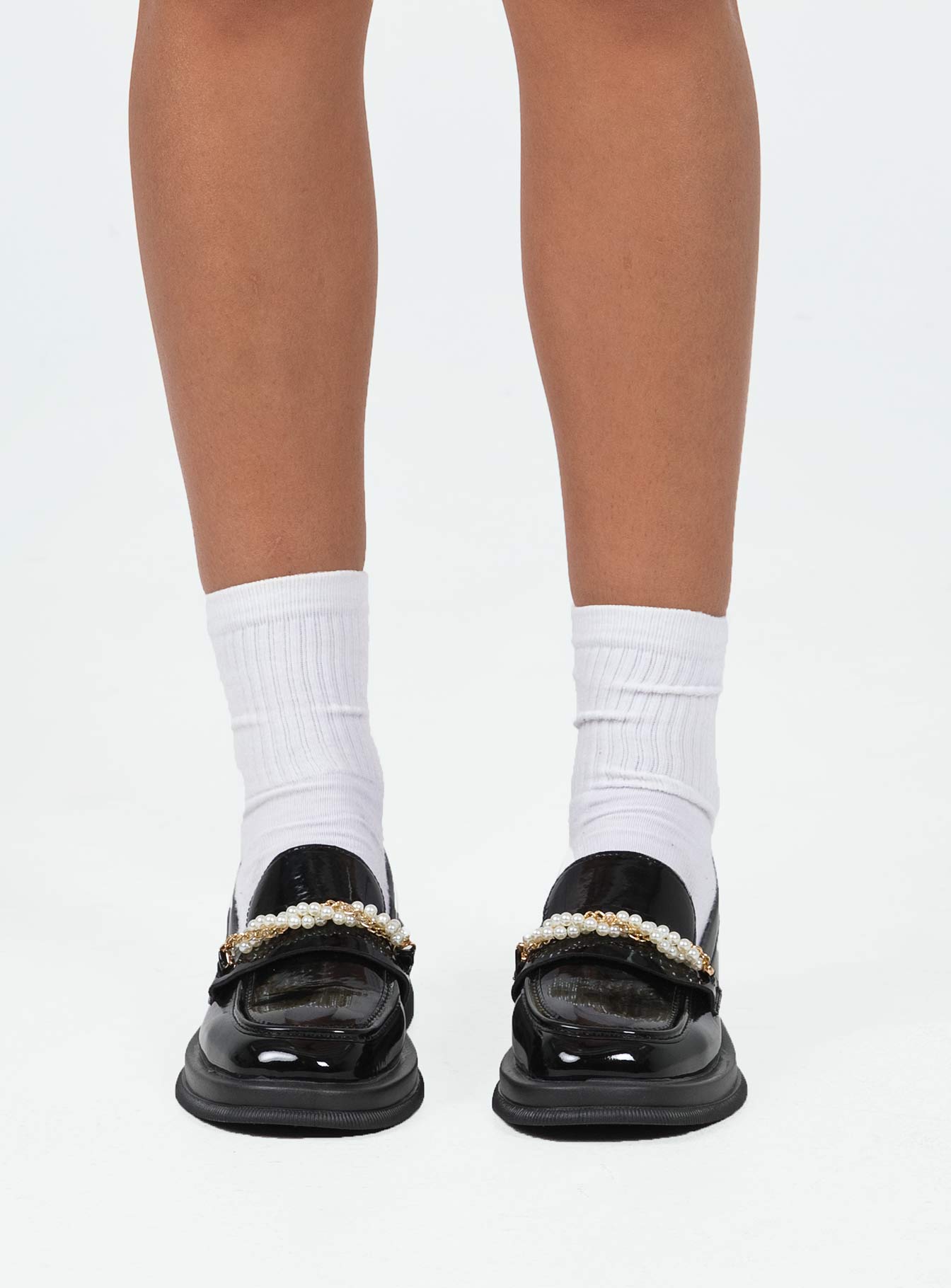 Loafers Faux patent leather Platform base Treaded sole Gold-toned & pearl snaffle detail Rounded toe