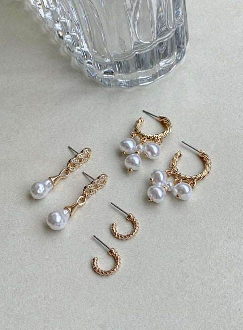 Earring pack Pack of three Hoop look Stud fastening Pearl drop charms