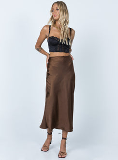   front view of model wearing Princess Polly Tyra Satin Midi Skirt Brown 