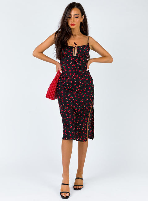 front view of model wearing Princess Polly Noda Midi Dress Black/Red 