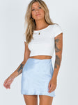   side view of model wearing Princess Polly Baisy Hill Mini Skirt Blue 