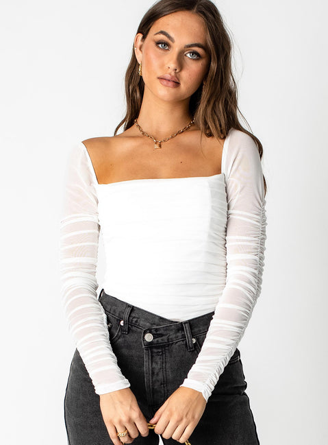 front view of model wearing Princess Polly Delany Bodysuit White Full Sleeves Square Neck 