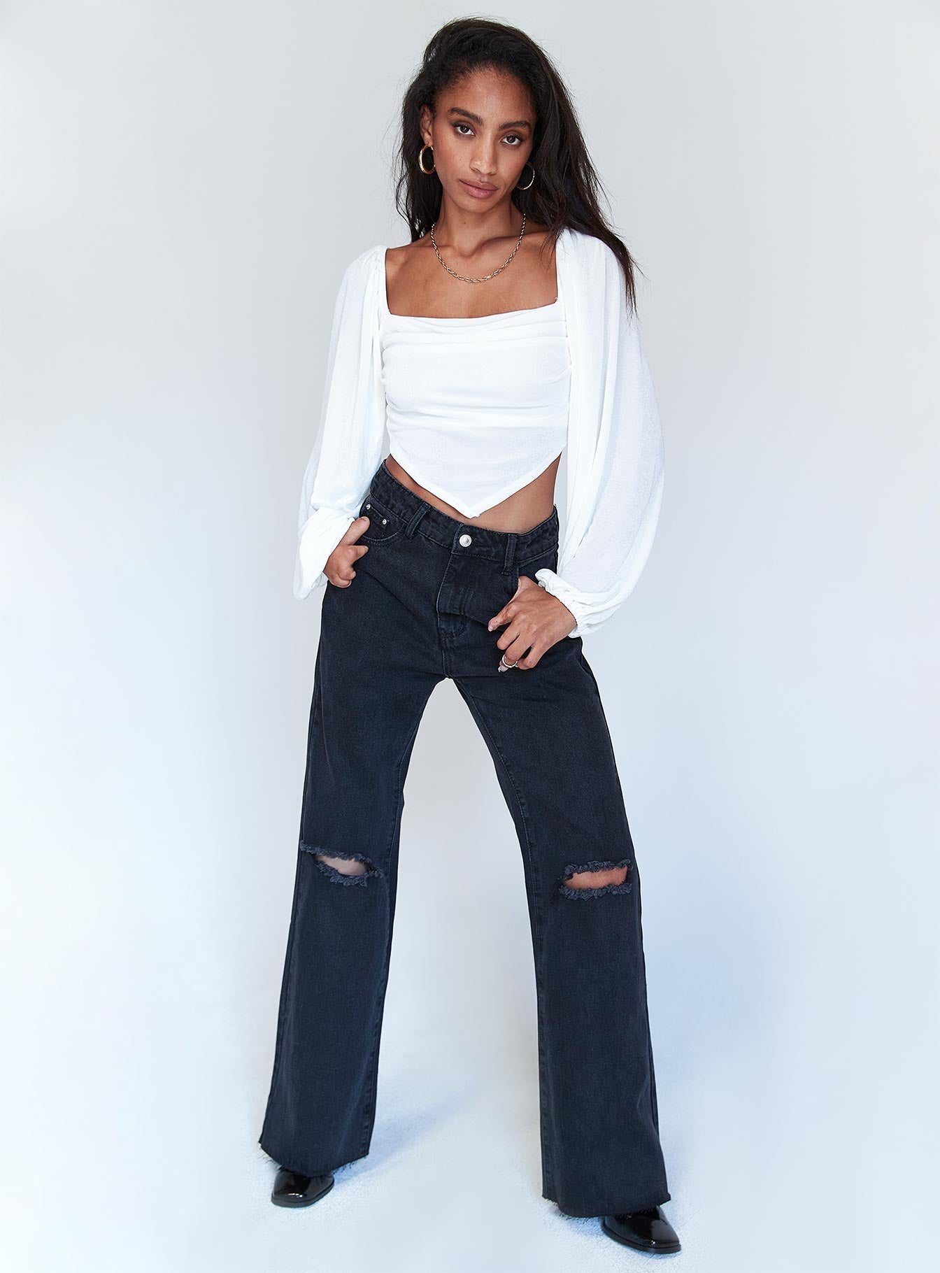 front view of model wearing Princess Polly Londyn Denim Jeans Black Mid Rise 