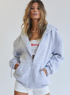 front view of model wearing Princess Polly Florida Zip Up Sweatshirt Grey 