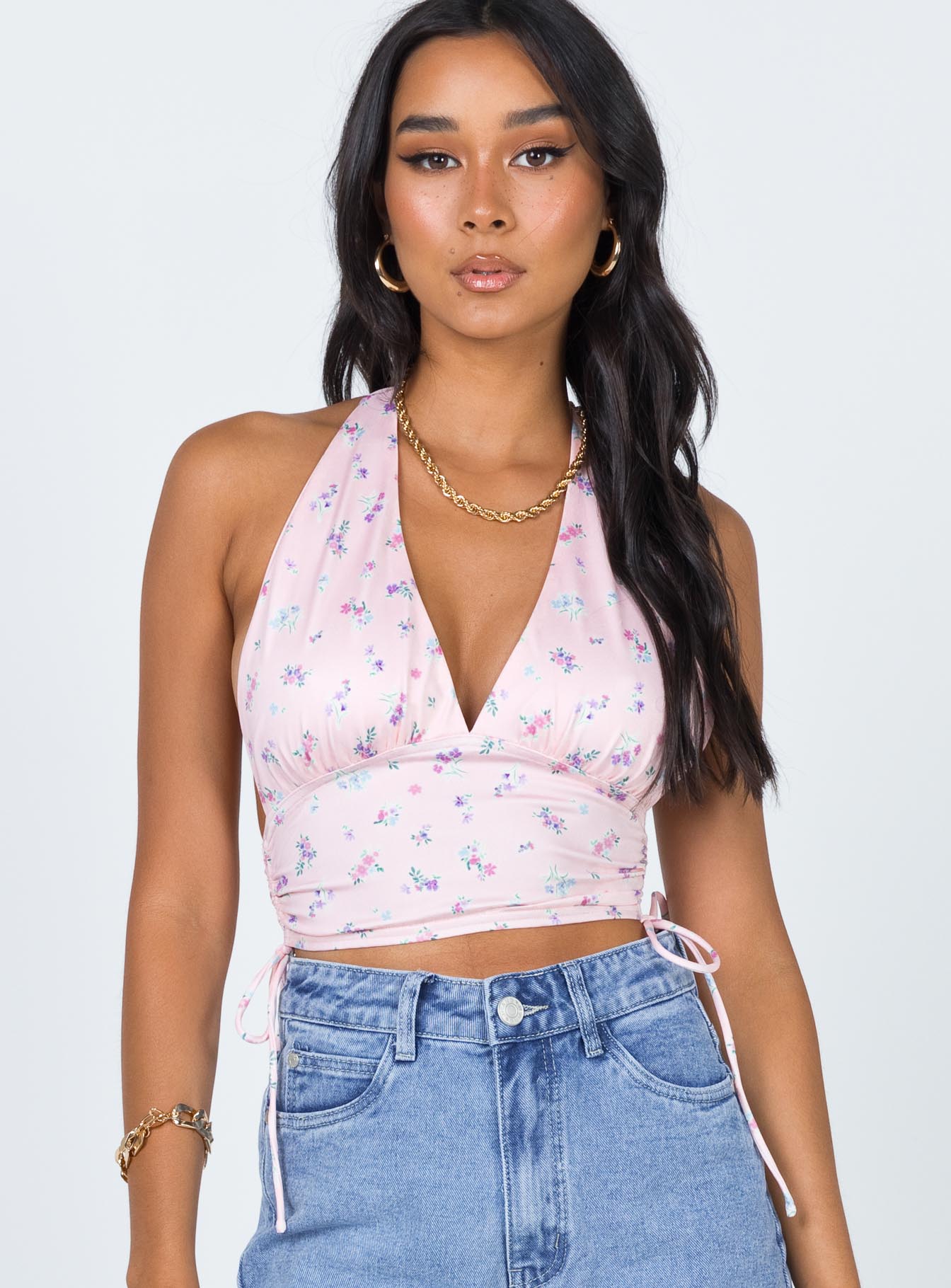 front view of model wearing Princess Polly Penelope Halter Top Pink 