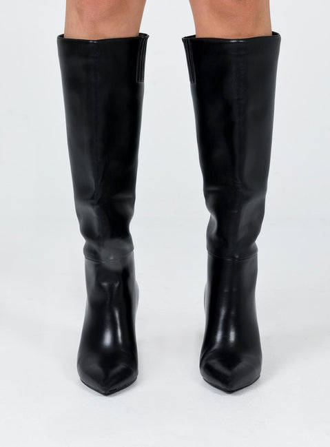 Knee high boots  Princess Polly Exclusive Upper: 100% PU Lining: 100% Textile Outsole: 100% TPU Faux leather material  Slip on design   Pointed toe  Block heel 