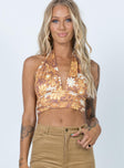 front view of model wearing Princess Polly Retro Floral Halter Top Orange 