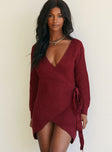 front view of model wearing Princess Polly Phenix Mini Dress Burgundy 