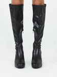 Knee high boots  Princess Polly Exclusive Faux leather material  Zip fastening at side  Rounded toe  Block heel  Platform base 