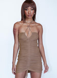 front view of model wearing Princess Polly Katherina Mini Dress Brown 