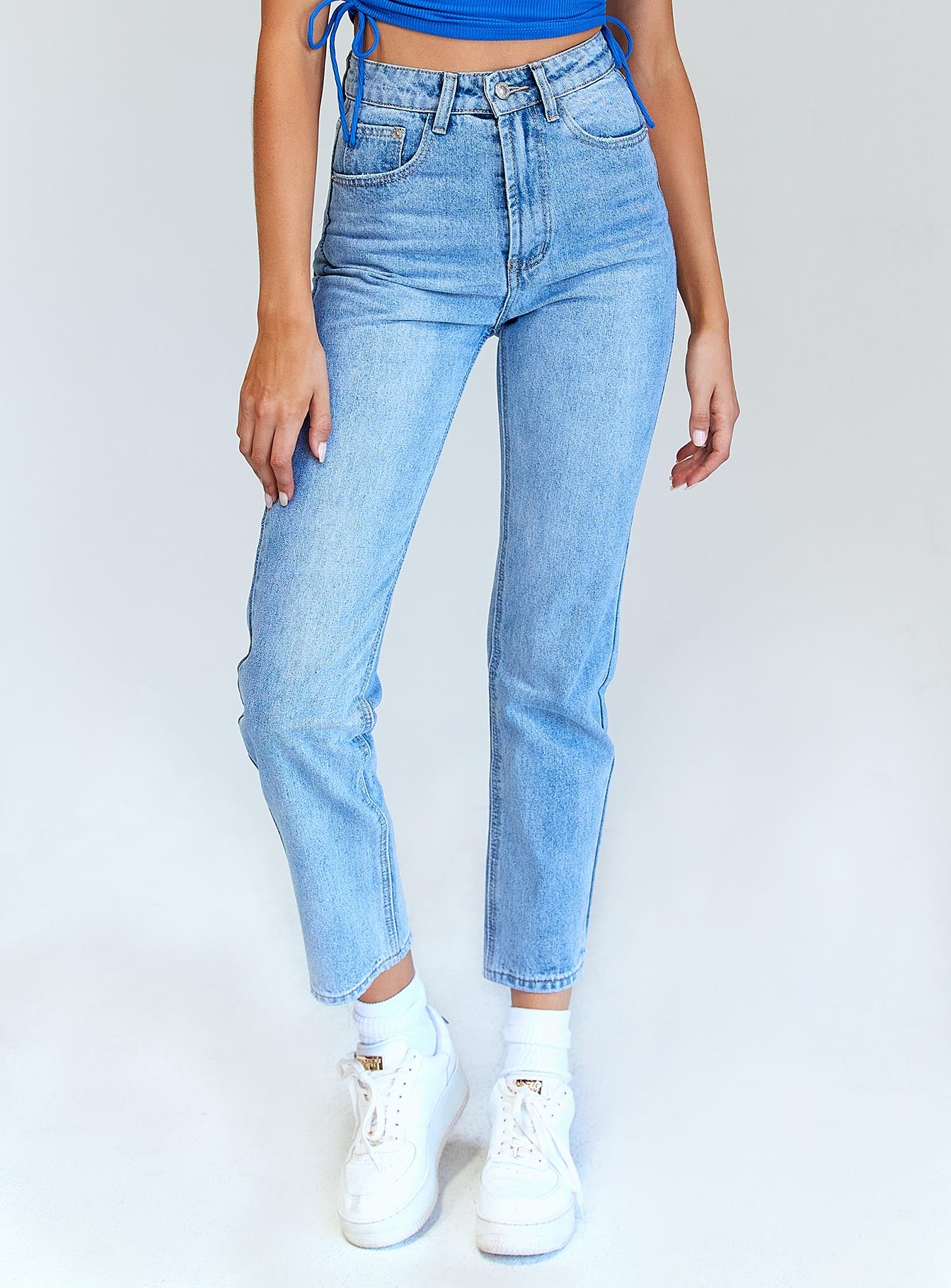 front view of model wearing Princess Polly Albany Denim Jeans Mid Rise 