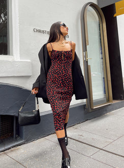 back view of model wearing Princess Polly Noda Midi Dress Black/Red 