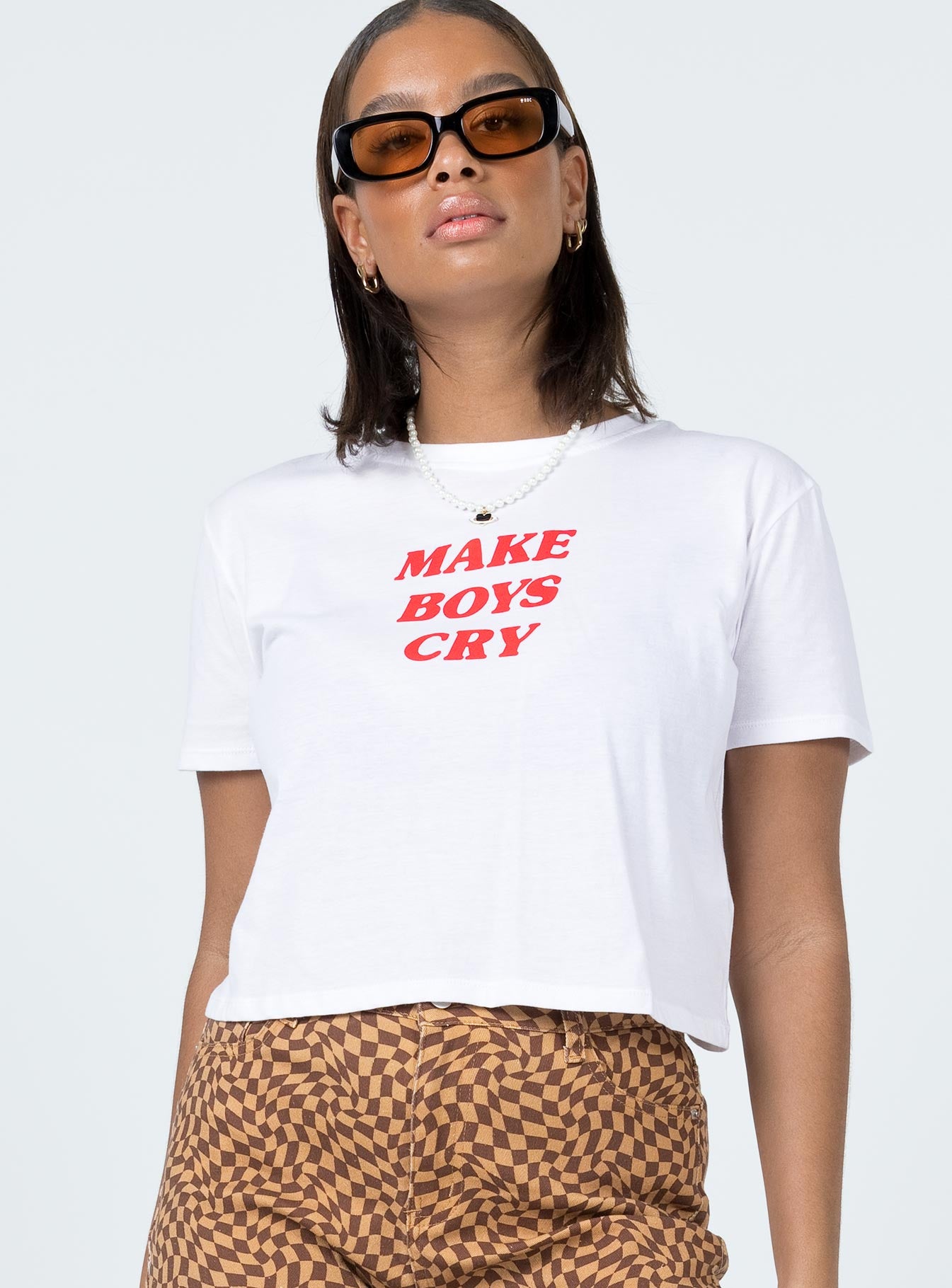 front view of model wearing Princess Polly Motel Shrunk Tee White Make Boys Cry 