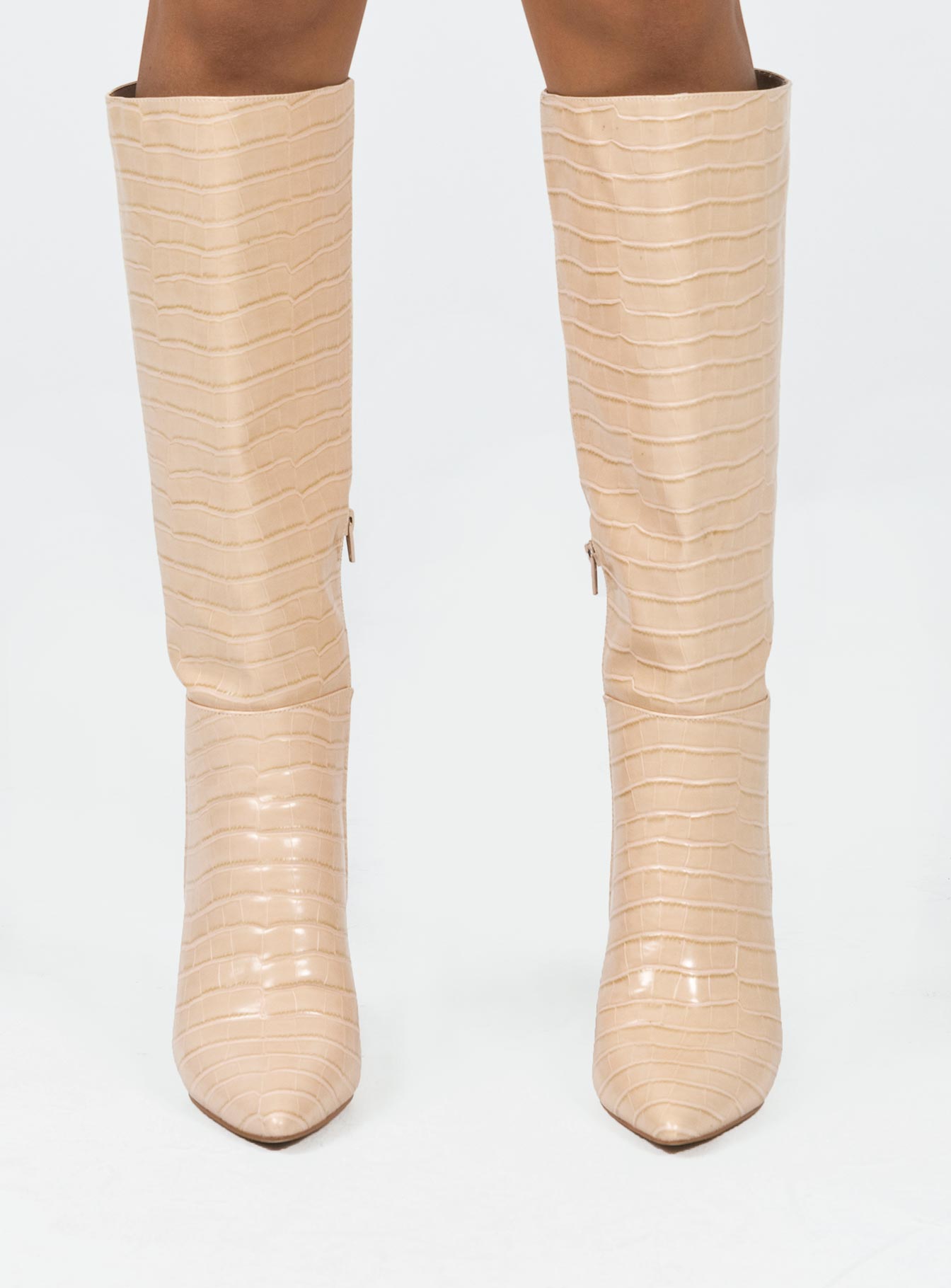 Boots Faux croc leather  Knee-high  Stilleto style heel Pointed toe  Padded inside  Exposed zip on inner side 