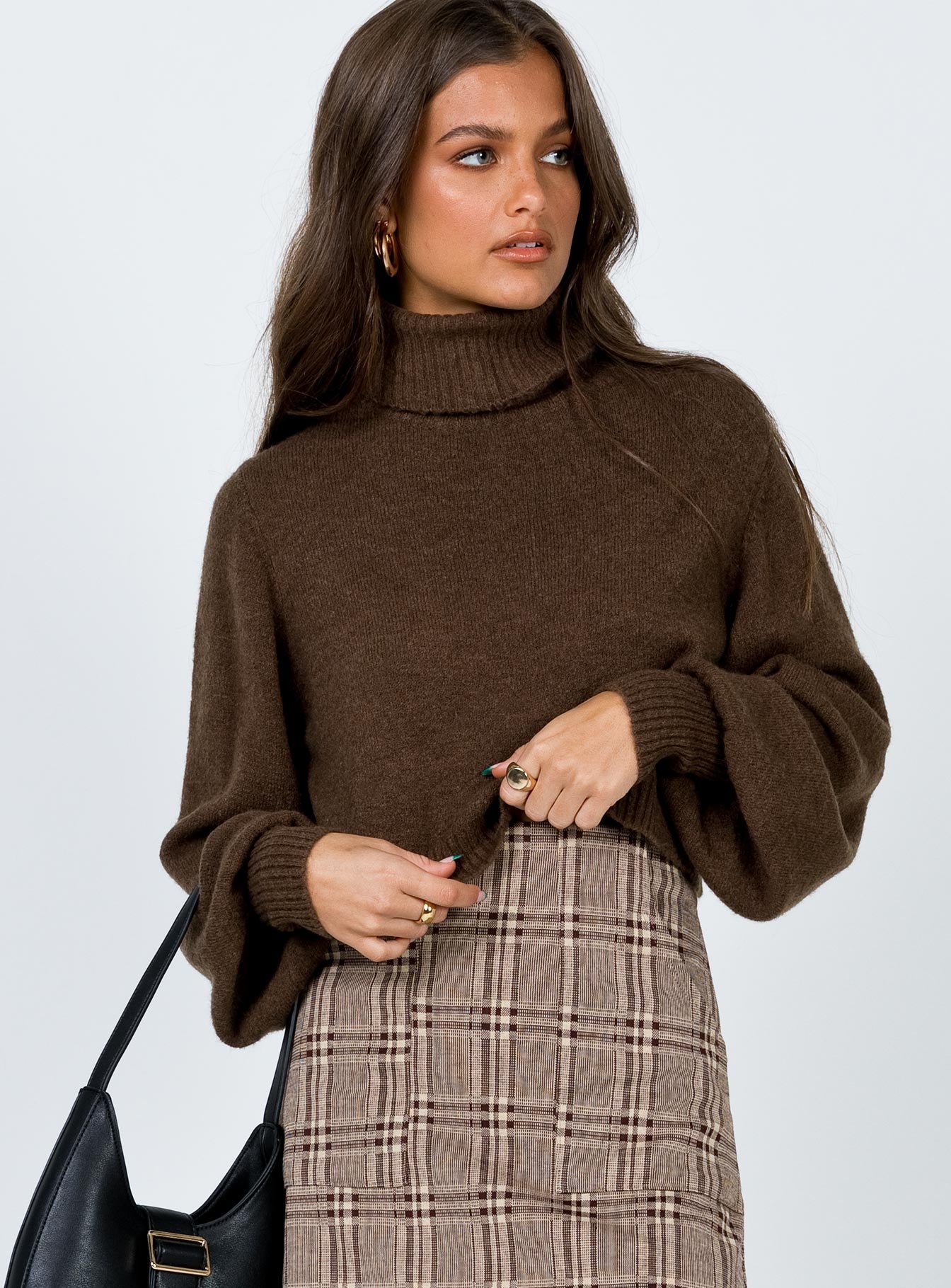 front view of model wearing Princess Polly Zahara Cropped Turtleneck Sweater Brown Cropped 