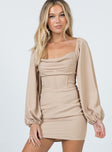 Princess Polly High Neck  Lillie Long Sleeve Mini Dress Beige