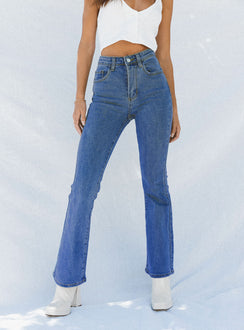 front view of model wearing Princess Polly Dark Wash Flare Jean Denim High Waisted 