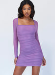 front view of model wearing Princess Polly Charvi Long Sleeve Mini Dress Purple 