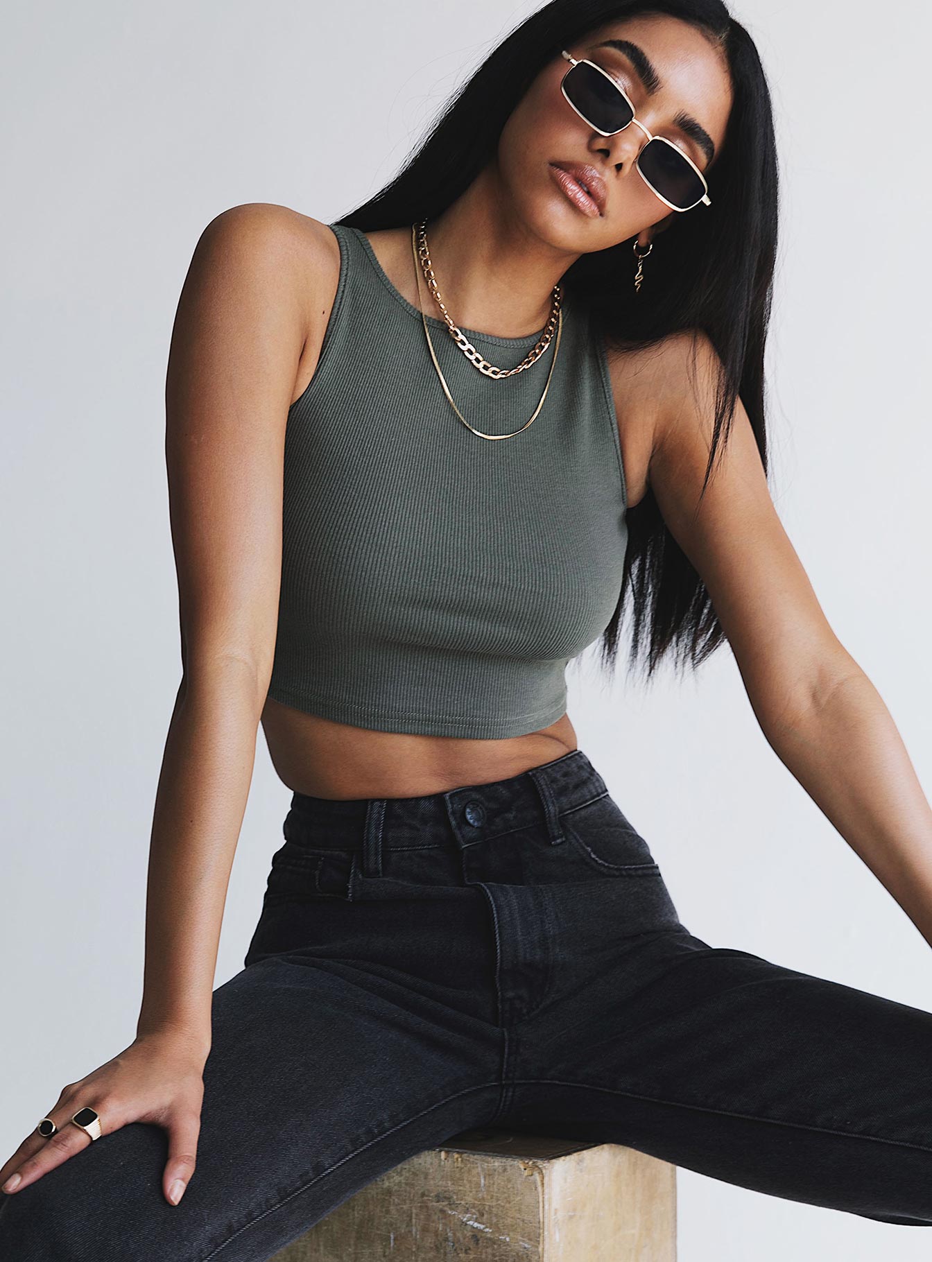 front view of model wearing Princess Polly Darlington Crop Top Khaki 