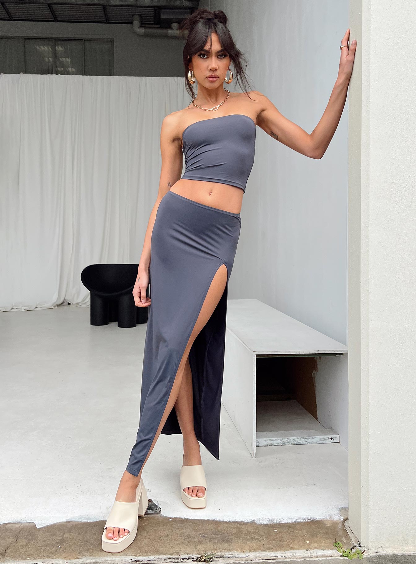 Front view of model wearing  front Lowell Maxi Skirt Grey Princess Polly  Midi Skirts 