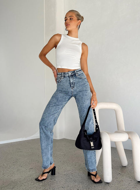 Front view of model wearing  front Princess Polly High Waisted  Calabasas Straight Leg Jeans Denim