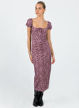 Front view of model wearing  front Princess Polly Boat Neck  Motel Larson Dress 90s Floral Burgundy