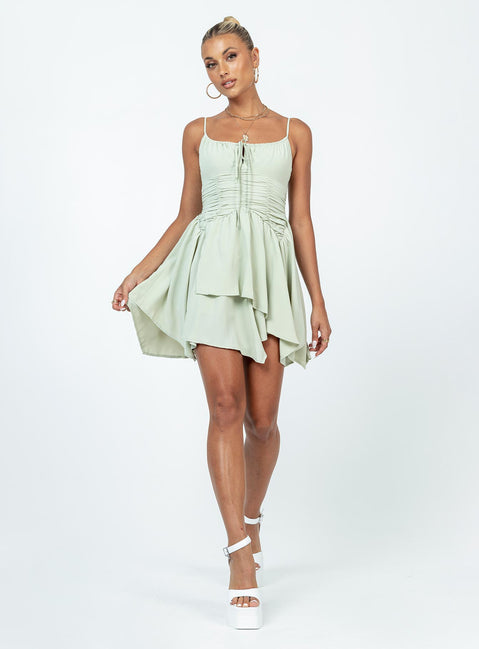 Front view of model wearing  front Princess Polly Scoop Neck  Barrett Mini Dress Green