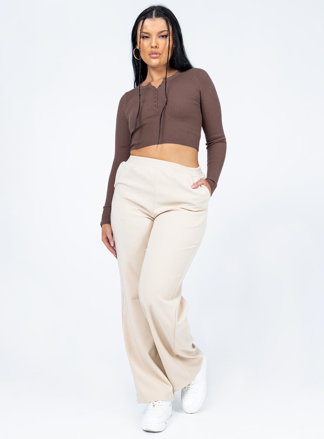front view of model wearing Princess Polly Audrie Pants Beige 