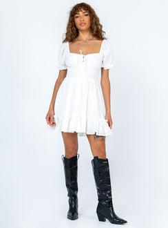 Front view of model wearing  front Princess Polly High Neck  Starley Mini Dress White