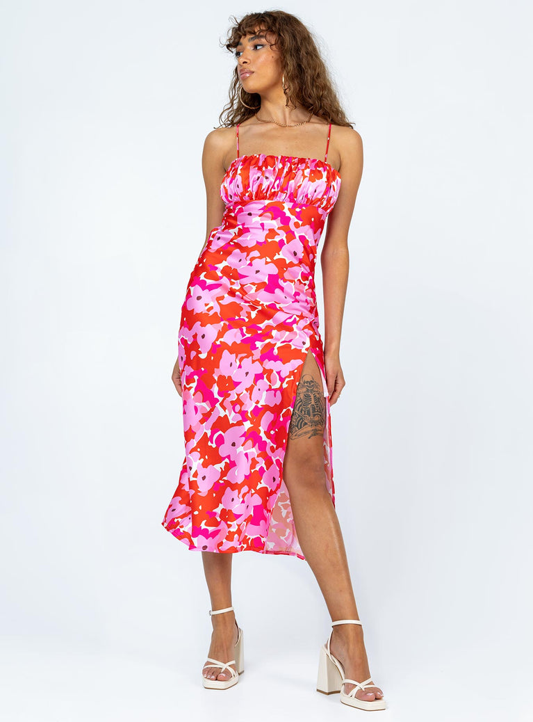 Front view of model wearing  front Princess Polly Asymmetric Neckline  Tinzia Midi Dress Red Floral