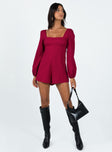 Long sleeve romper Square neckline  Inner silicone strip at bust & shoulder  Invisible zip fastening at back  Balloon style sleeves 