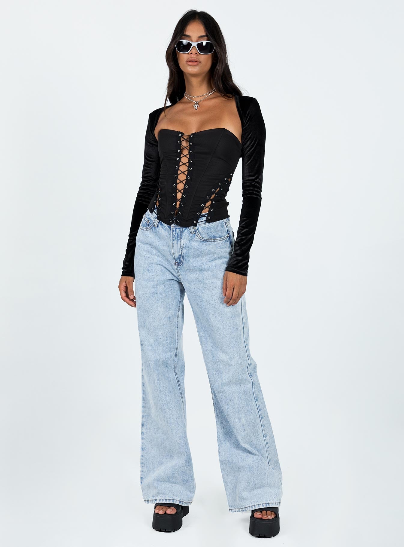 product Princess Polly Full Sleeves Plunger  Doreene Velour Bolero Black