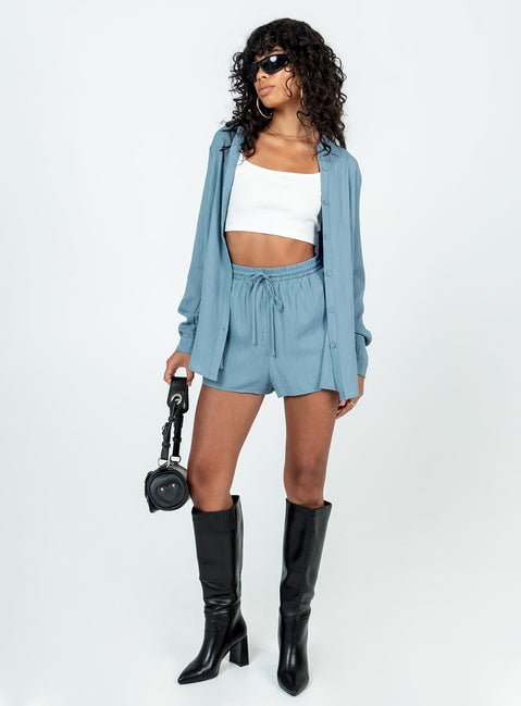 Matching set Button up shirt  Classic collar High waisted shorts  Elasticated drawstring waist 