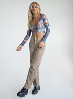 front view of model wearing Princess Polly Lucille Long Sleeve Top Blue / Brown 