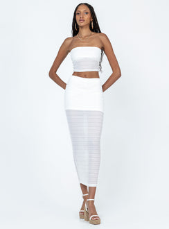 Matching set Sheer mesh material  Strapless top  Inner silicone strip at bust  High waisted midi skirt  Elasticated waistband 