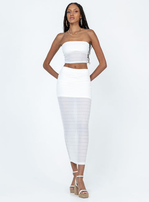Matching set Sheer mesh material  Strapless top  Inner silicone strip at bust  High waisted midi skirt  Elasticated waistband 