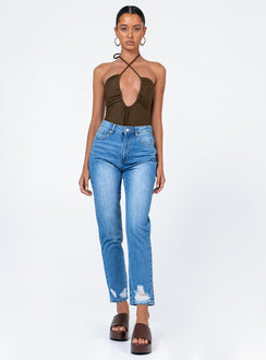 front view of model wearing Princess Polly Abarca Straight Leg Denim Jeans High Waisted 