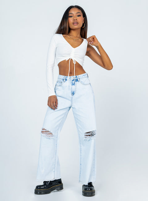 front view of model wearing Princess Polly Harlow Long Sleeve Top White 